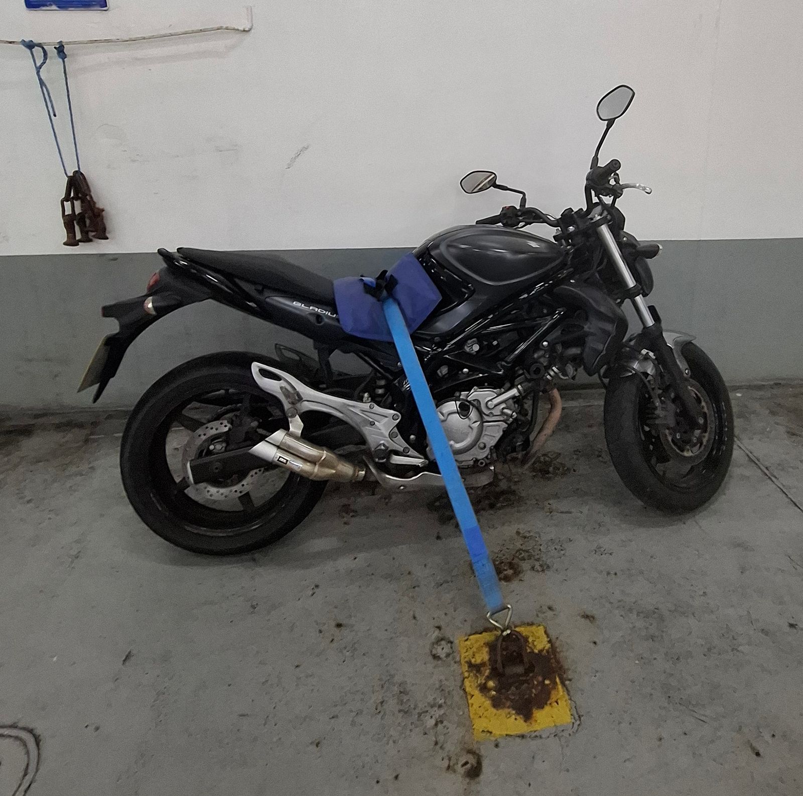 My motorbike strapped down on the ferry