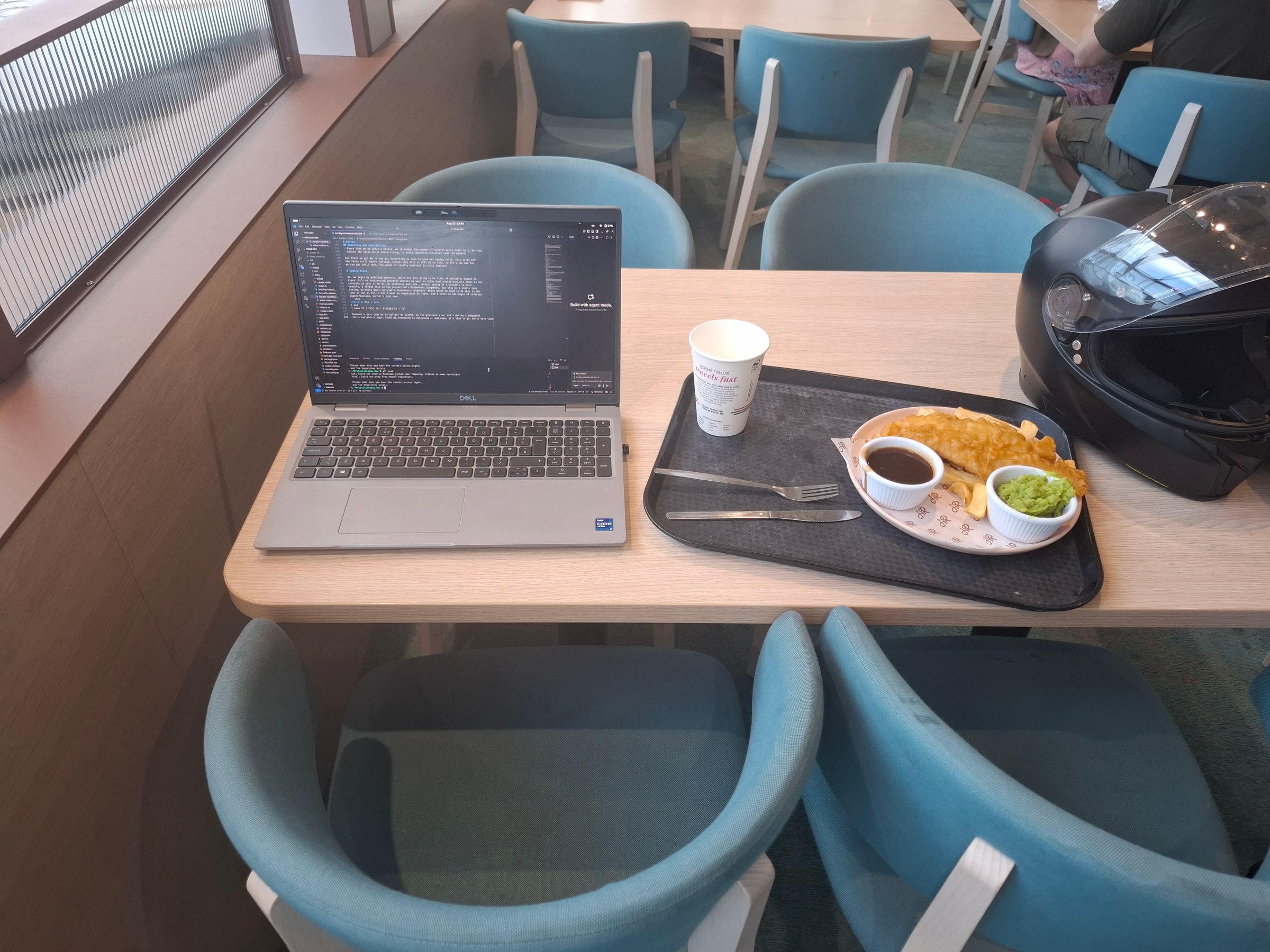 My laptop, and some overpriced fish and chips, on the ferry to Dunkirk
